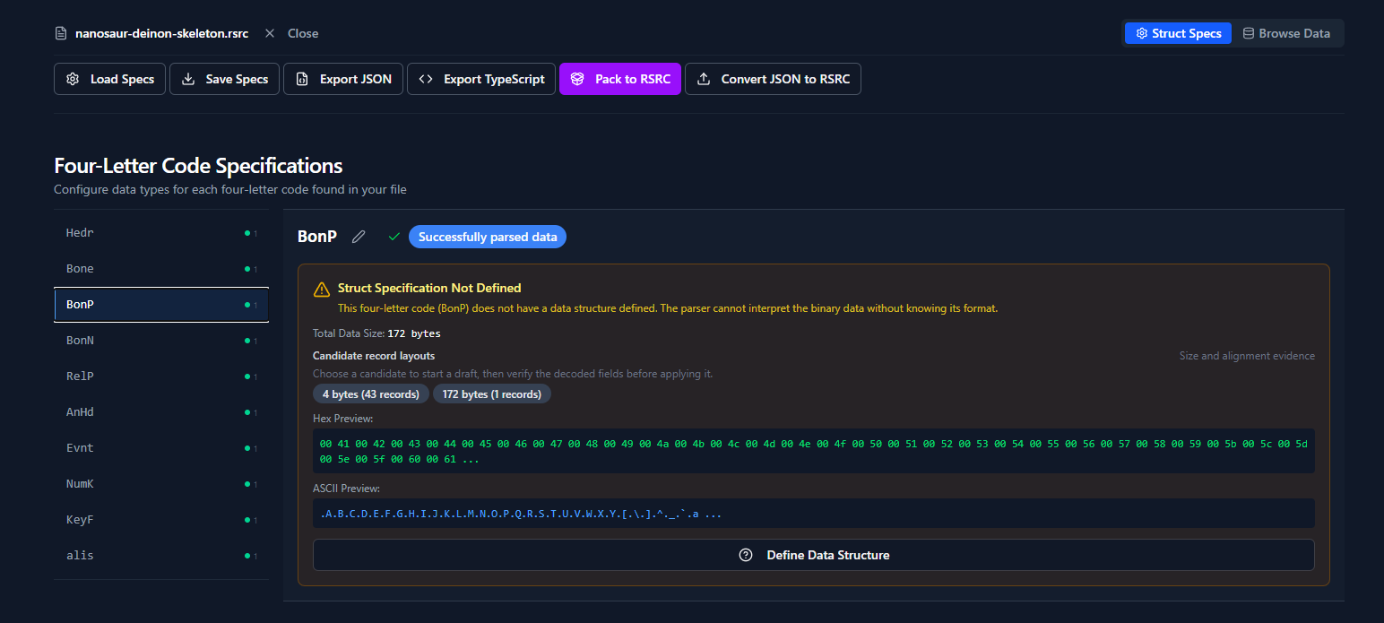 Resource Fork Parser four-letter code specification editor.