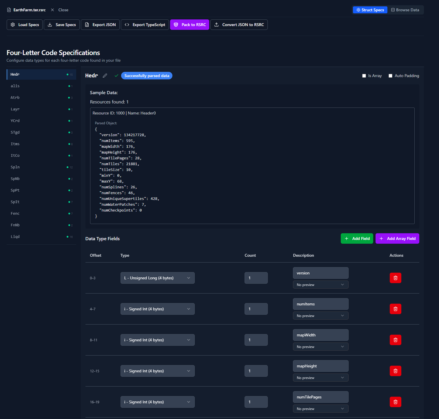 Resource Fork Parser showing parsed resource data and fields.