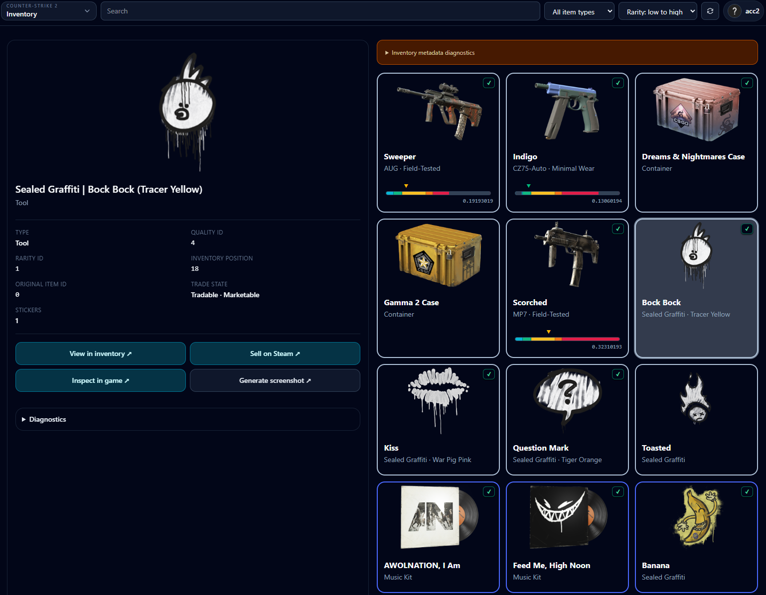 SteamInvEdit CS2 item details and inventory view.